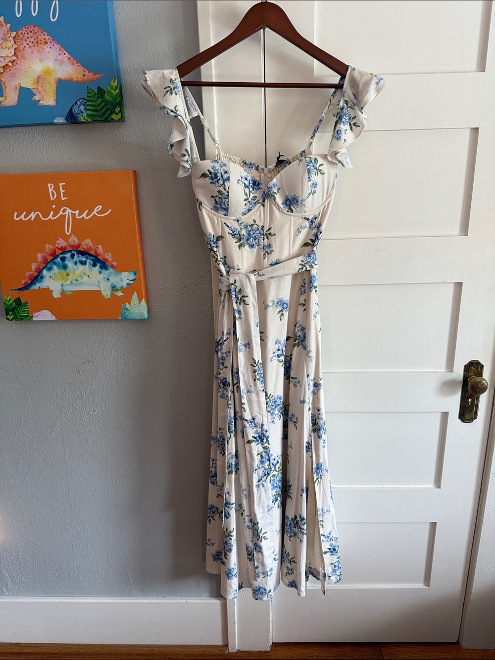 Dress Forum Cream Midi Dress with Blue Floral Print